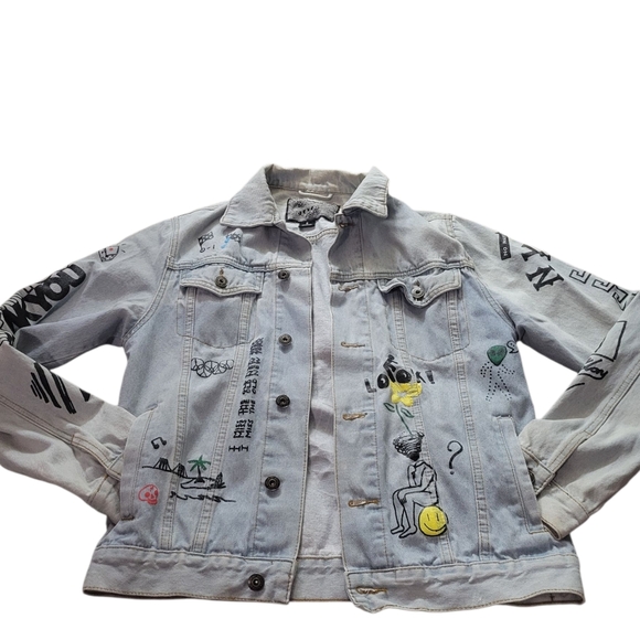 BROOKLYN CLOTH SIZE S BLUE DENIM JEAN JACKET GRAFFITI NEW YORK ALIEN ROSE - Picture 1 of 16